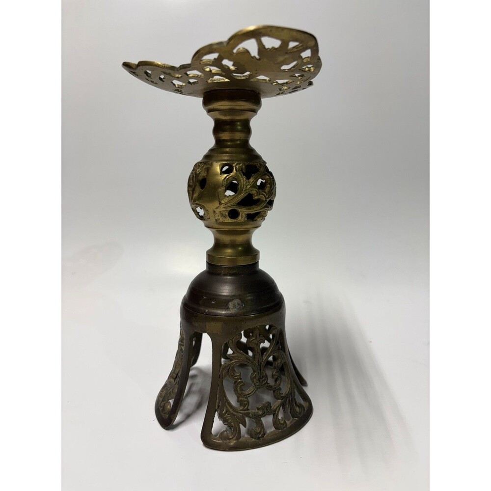 Vintage Japanese Brass Shokudai Candle Holder Ornate Pierced Figural